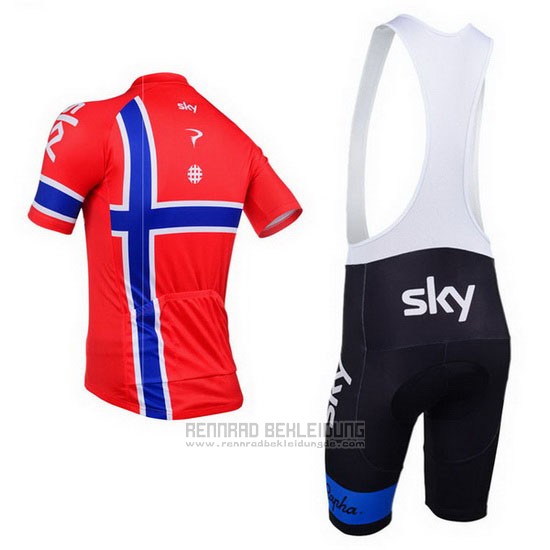 2013 Fahrradbekleidung Sky Champion Norwegen Blau und Rot Trikot Kurzarm und Tragerhose